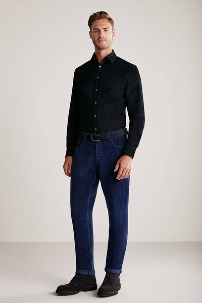 Hemington Velvet Navy Blue Thin Ribbed Shirt
