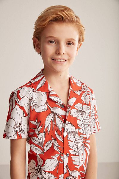 Hemington Flower Pattern Linen Cotton Blend Red Kids Shirt