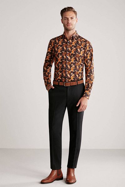 Hemington Leaf Patterned Pure Cotton Black-Orange Shirt