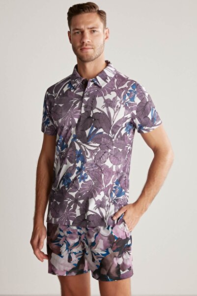 Hemington Floral Print Purple Polo Neck T-Shirt