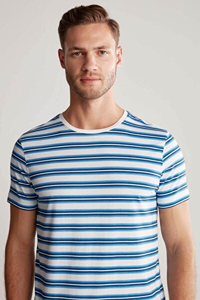 Hemington White Navy Blue Striped Crew Neck Pure Cotton T-Shirt