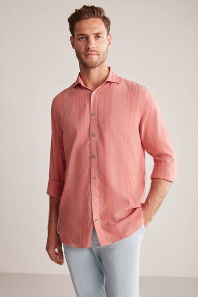Hemington Stripe Pattern Italian Collar Pure Cotton Orange Shirt