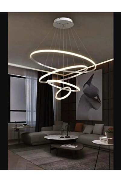 Lambadar Dörtlü Halka Model Sarkıt Modern Led Beyaz Işık Ultra Power Led Avize Salon Mutfak Oda Ledli Avize
