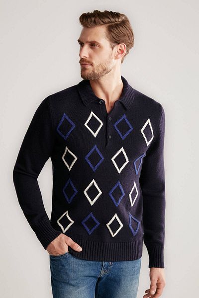 Hemington Baklava Pattern Polo Neck Lambswool Navy Blue Sweater