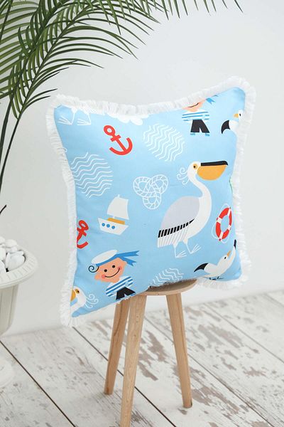Aisha's Design Pelican and Sailor Patterned Children's Throw Pillow Cover - Fringed Edge, 45X45 Cm, K-407