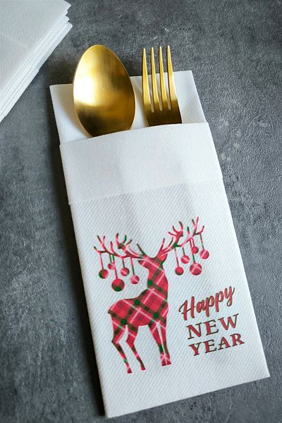 NapkinStore Deer Happy New Year Printed Airlaid Fabric Napkin Pocket 12 Pieces 40*40 1/8 Fold - White