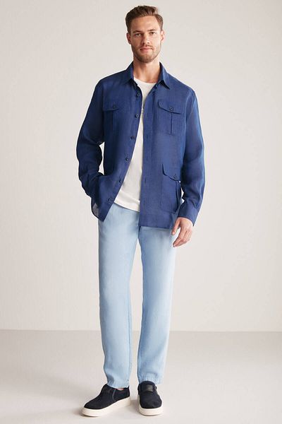 Hemington Pure Linen Navy Blue Outerwear Shirt