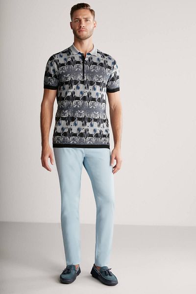 Hemington Flower Pattern Linen Cotton Navy Blue Knitwear Polo