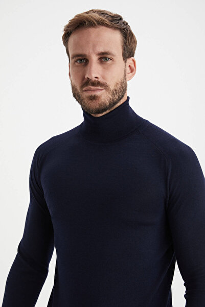 Hemington Boğazlı Slim Fit Merino Yün Lacivert Triko
