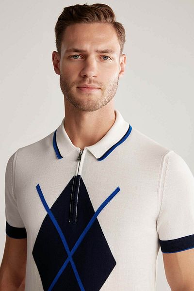 Hemington Patterned Zipper Detailed White Knitwear Polo