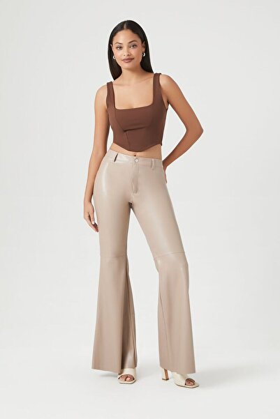 Forever 21 Suni Deri Mid-Rise Flare Pantolon