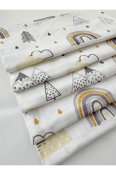 Jaju Baby Mountain Pattern 5 Pieces 100% Organic Cotton Double Layer Muslin Fabric Shoulder Cover Mouth-Back Handkerchief