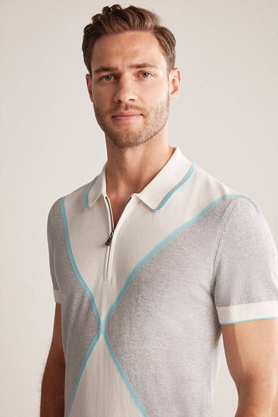 Hemington Zipper Detailed White-Grey Knitwear Polo