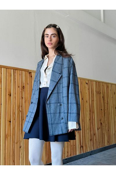 Retrobird Women's Ash Blue 90S Plaid Oversize Jacket