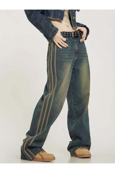 BALİNA Lacivert Vintage Çizgi Detay Eskitme Baggy Pantolon