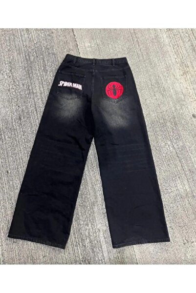 BALİNA Spider Man Nakışlı Yıkamalı Siyah Kot Pantolon