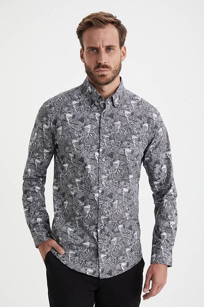 Hemington Ethnic Patterned Black and White Pure Cotton Shirt