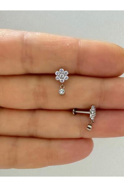 Arescollection 1 adet G23 TİTANİUM ( titanyum) zirkon taşlı tragus kıkırdak  conch flat  helix lobe uyumlu piercing