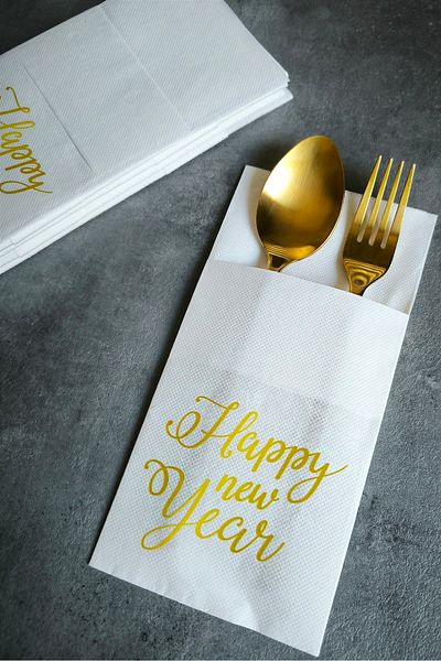 NapkinStore 12 Pieces Happy New Year Printed Pocket Premium Napkin (Fabric Textured) 40*40 1/8 Fold