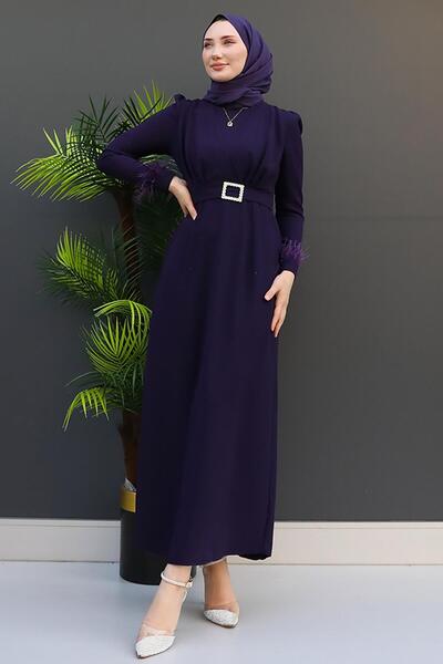 GİZ AGİYİM Σκούρο Μωβ Φόρεμα Hijab - Λεπτομέρεια με πούπουλα