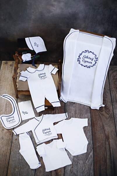 KARSU TASARIM İsme Özel Nakışlı On  Parça Organik Hastane Çıkış Seti