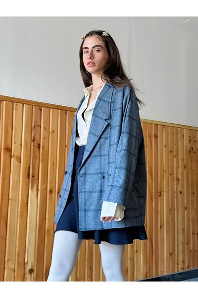 Retrobird Women's Ash Blue 90S Plaid Oversize Jacket