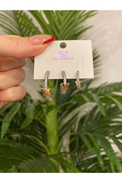 papatya aksesuar مجموعة من 3 أقراط نسائية من الفولاذ المقاوم للتشويه من الفولاذ المقاوم للصدأ بحجر الزركون على شكل فراشة