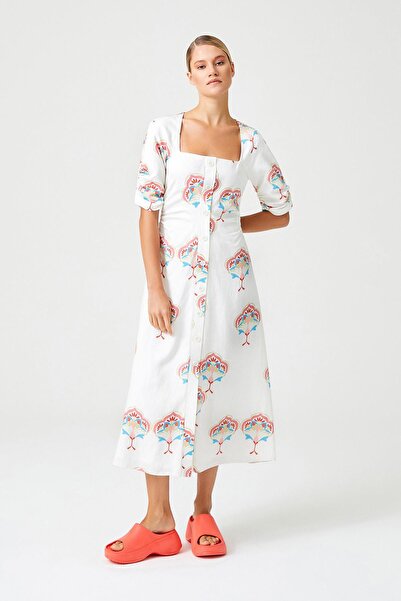 Jus De Pommes EKRU ETNİK DESENLİ KISA KOLLU MİDİ BOY ELBİSE