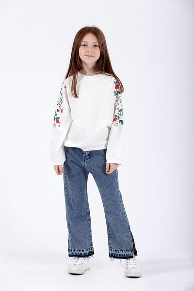 zepkids Crew Neck Long Sleeve Flower Printed Ecru Color Girl's Sweatshirt