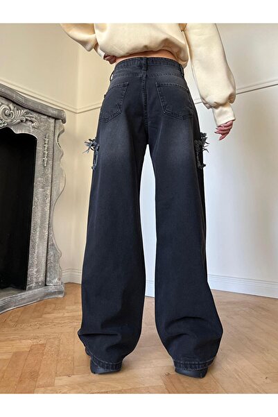 BALİNA Siyah Retro Yıldız Detaylı Baggy Pantolon