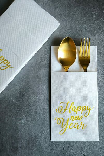 NapkinStore 12 Pieces Happy New Year Printed Pocket Premium Napkin (Fabric Textured) 40*40 1/8 Fold