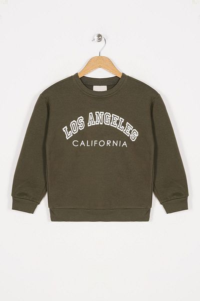 zepkids Hanorac pentru fată, cu mânecă lungă, cu gât roșu, cu imprimeu text californian, culoare kaki
