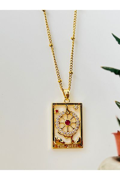 KOALA COMPANY Steel Gold Color Fate Wheel Tarot Card Necklace - Non-Darking No Allergy