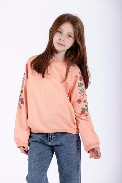 zepkids Dívčí mikina v lososové barvě s dlouhým rukávem a květinovým potiskem Crew Neck