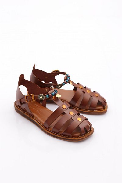 DGN Women's Ankle Strap Beaded Sandals Brown 4173289
