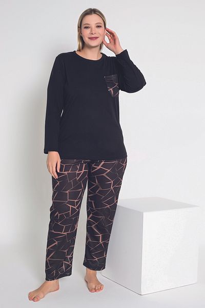 MyBen Geometric Patterned Black Long Sleeve Women's Pajamas Set - B-51