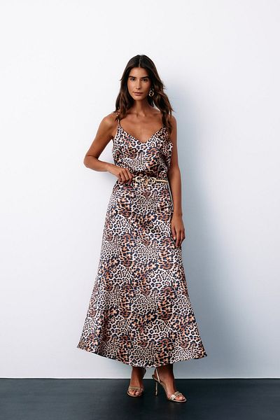 Sateen Leopard Patterned Satin Skirt - Brown