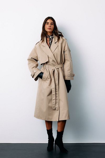 Sateen Beige Colored Long Belted Trench Coat