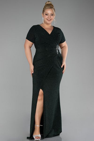 Efelif Βραδινό φόρεμα Emerald Green κοντομάνικο Lurex Long Plus Size Abu39892