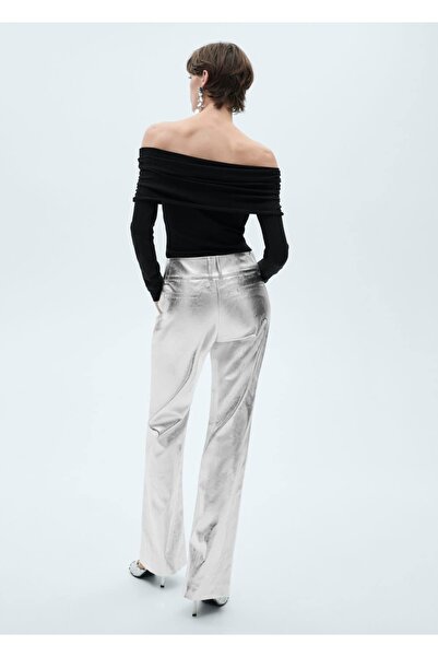 MANGO Woman Metalik deri görünümlü pantolon