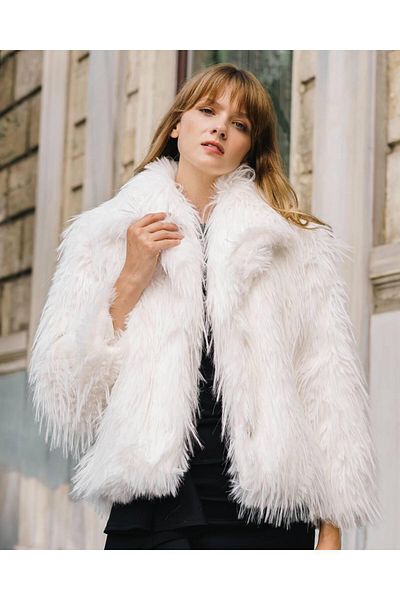 WoolnClyde White Shawl Collar Premium Fur Coat - Soft Lined, Double Pocket, Snap Closure