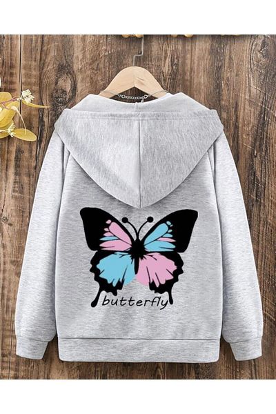 modaberry Cotton Butterfly Patterned Children's Cardigan - Gray, Zippered, Hooded Winter