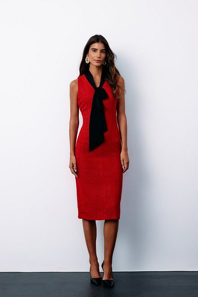 Sateen Scarf Sleeveless Tweed Dress - Red