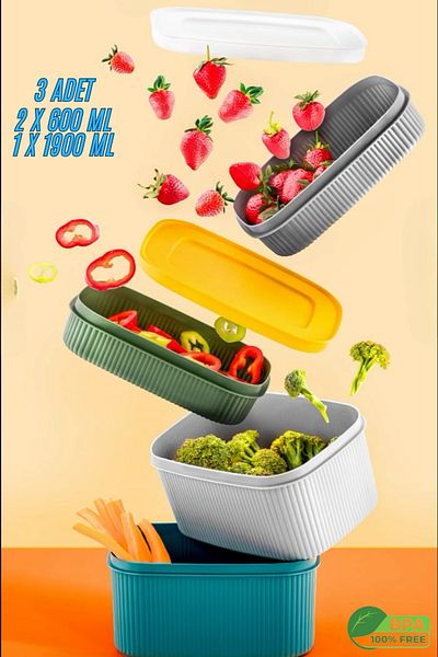 Rapt 3 Pieces Plastic Lid Storage Container with Line Detail Modern Design 2 X 600 ml 1 X 1900 ml