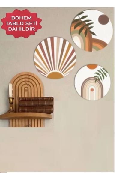 Wooden Factory Yarım Semplice Dekoratif Duvar Rafı Ve 3 Lü Uv Baskı Bohem Tab...