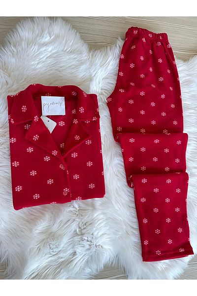 Pijamacs Red Snowflake Patterned Front Buttoned Fleece Pajama Set