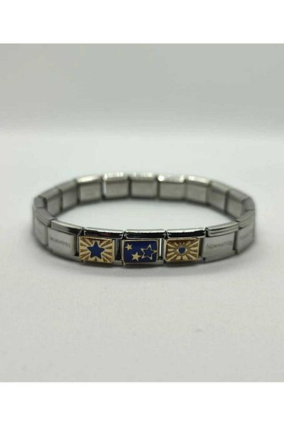 HKN AVM ACCESSORİES Unisex Italian Charm Steel Bracelet - Yellow Navy, 3 Stars and 3 Charm Gift