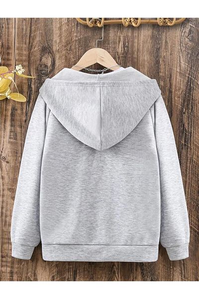 modaberry Cotton Zippered Children's Cardigan - Gray Butterflies and Flowers Printed, Hooded Winter for Girls and Boys