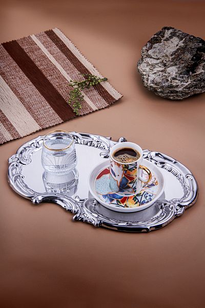 AHİR TİCARET Silver Artnova Embroidered Patterned Coffee and Presentation Tray 1 Piece