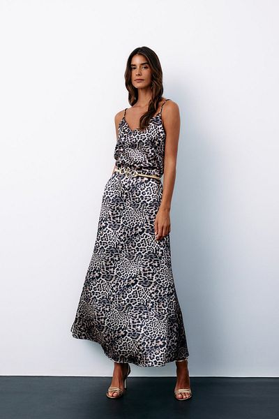 Sateen Leopard Patterned Satin Skirt - Gray